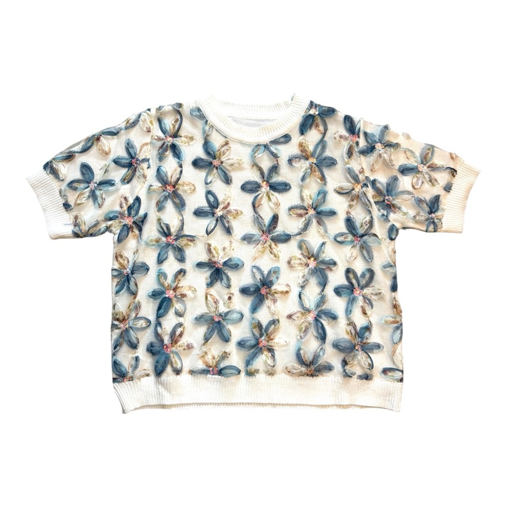 3D Floral Cream Knit Pullover Sweater With Sequin Accents Size 3X
